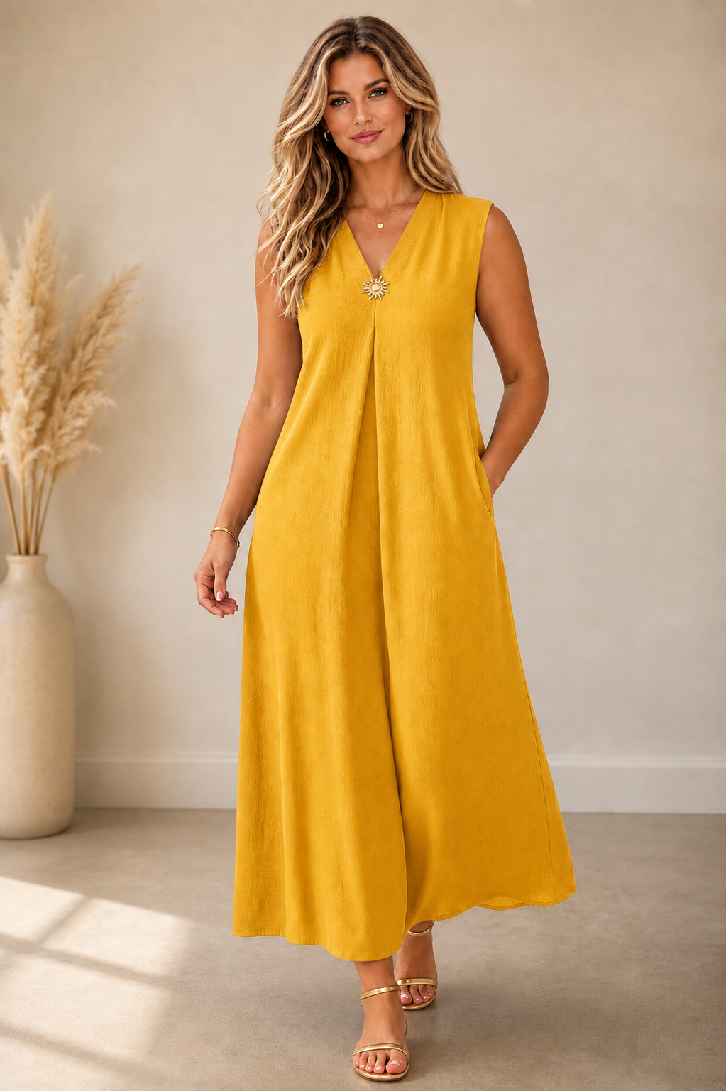 Robe Longue  – Col V & Broche Soleil